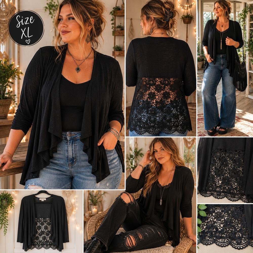 Greige Cardigan XL Boho Floral Lace Back Open Front Black Long Sleeve